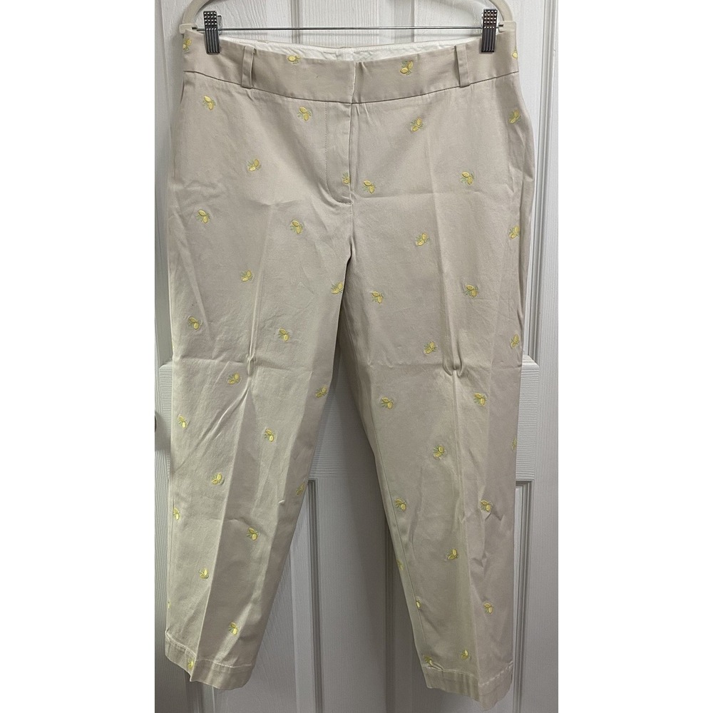 Talbots Womens Beige W/Lemon Embroidery Heritage Flat Front Capri Chino Pants 10